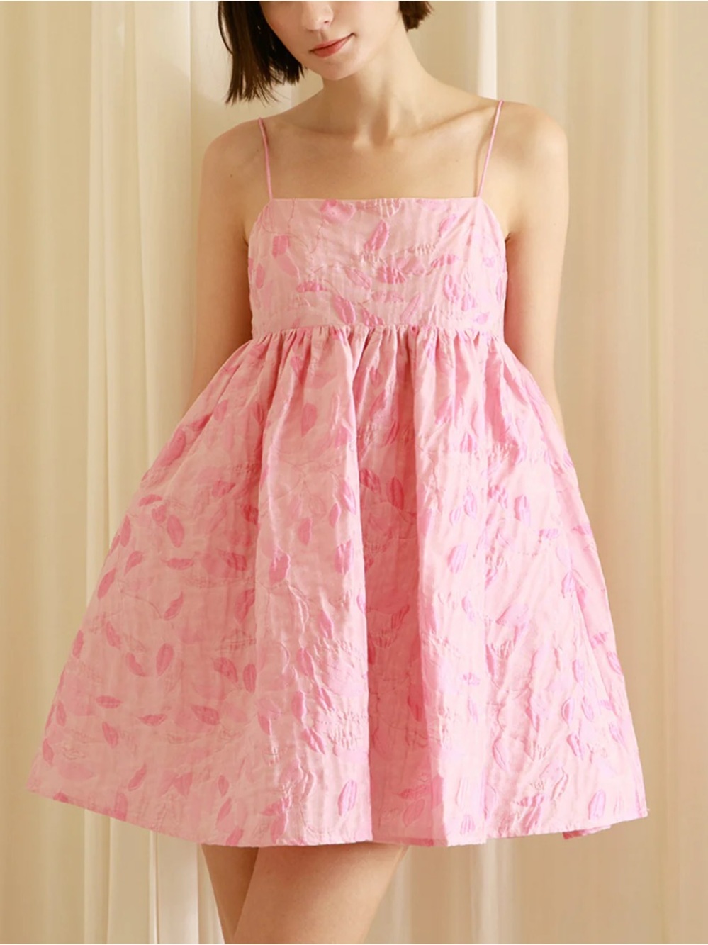STORIA babydoll jacquard leaf pink spaghetti strap mini dress size medium